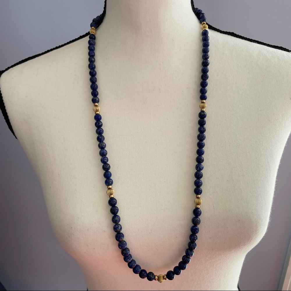 Lapis and gold tone beaded necklace